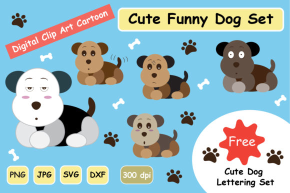 Cute Funny Dog Clipart Digital Set for Graphics and Illustrations